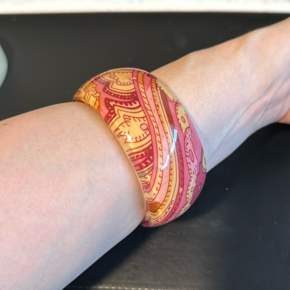 Jewelry - Vintage Plastic Bangle Bracelet, Paisley, Pink, Yellow, Retro, Boho